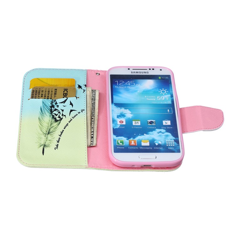 Patterned Wallet Leather Case for Samsung Galaxy S4 I9500 I9502 I9505 - Feather and Flying Birds-4