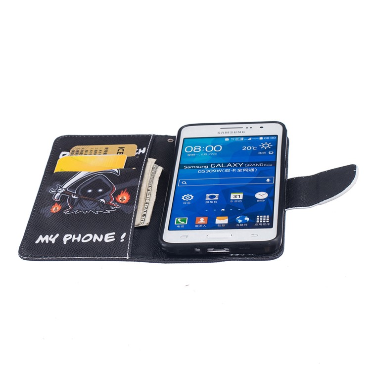 Patterned Leather Wallet Case for Samsung Galaxy Grand Prime SM-G530 - Warning Words and Comic Figure-8