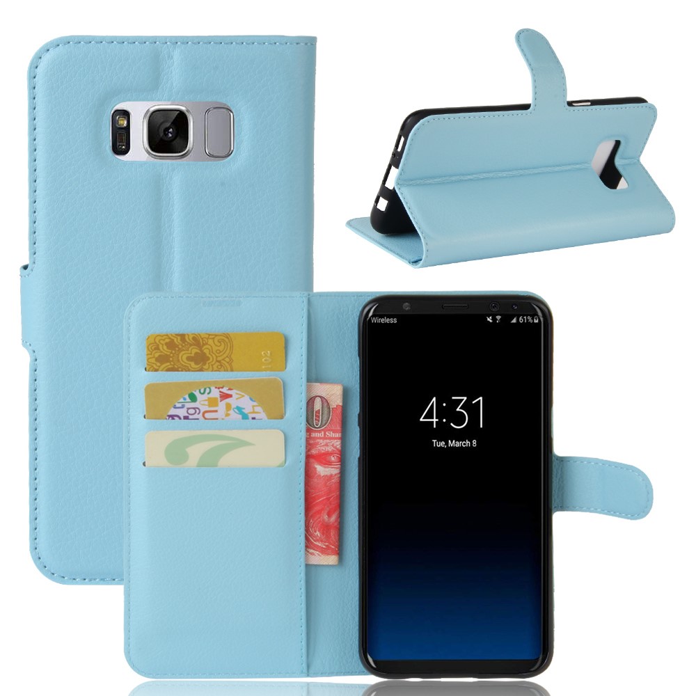 Lychee Skin Leather Stand Case with Card Slots for Samsung Galaxy S8 Plus - Baby Blue-1