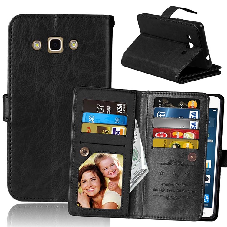 9 Card Slots Crazy Horse Leather Wallet Magnetic Phone Shell for Samsung Galaxy J3 Pro - Black-1