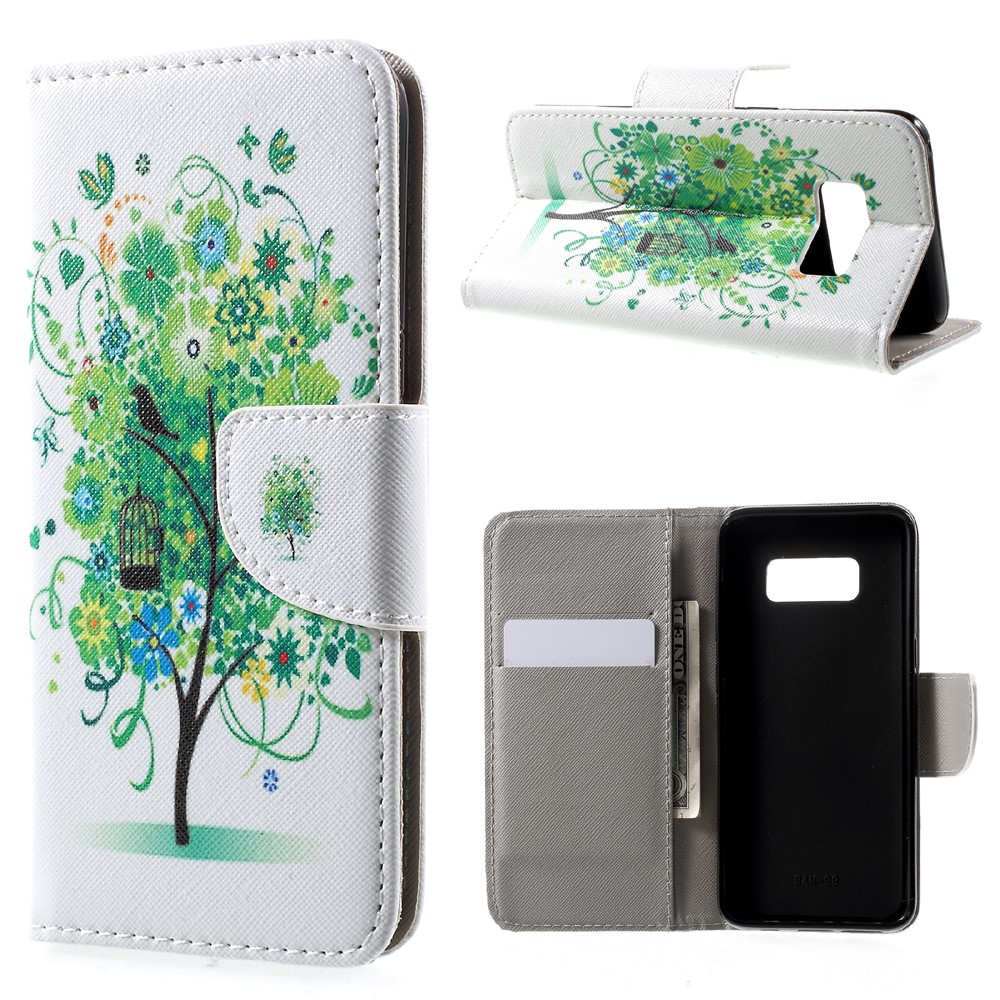 Para Samsung Galaxy S8 Standed Wallet Stand Funda De Cuero - árbol Verde Y Pájaro