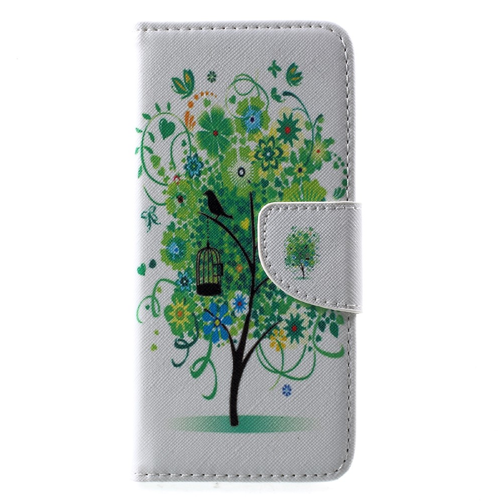 Para Samsung Galaxy S8 Standed Wallet Stand Funda De Cuero - árbol Verde Y Pájaro