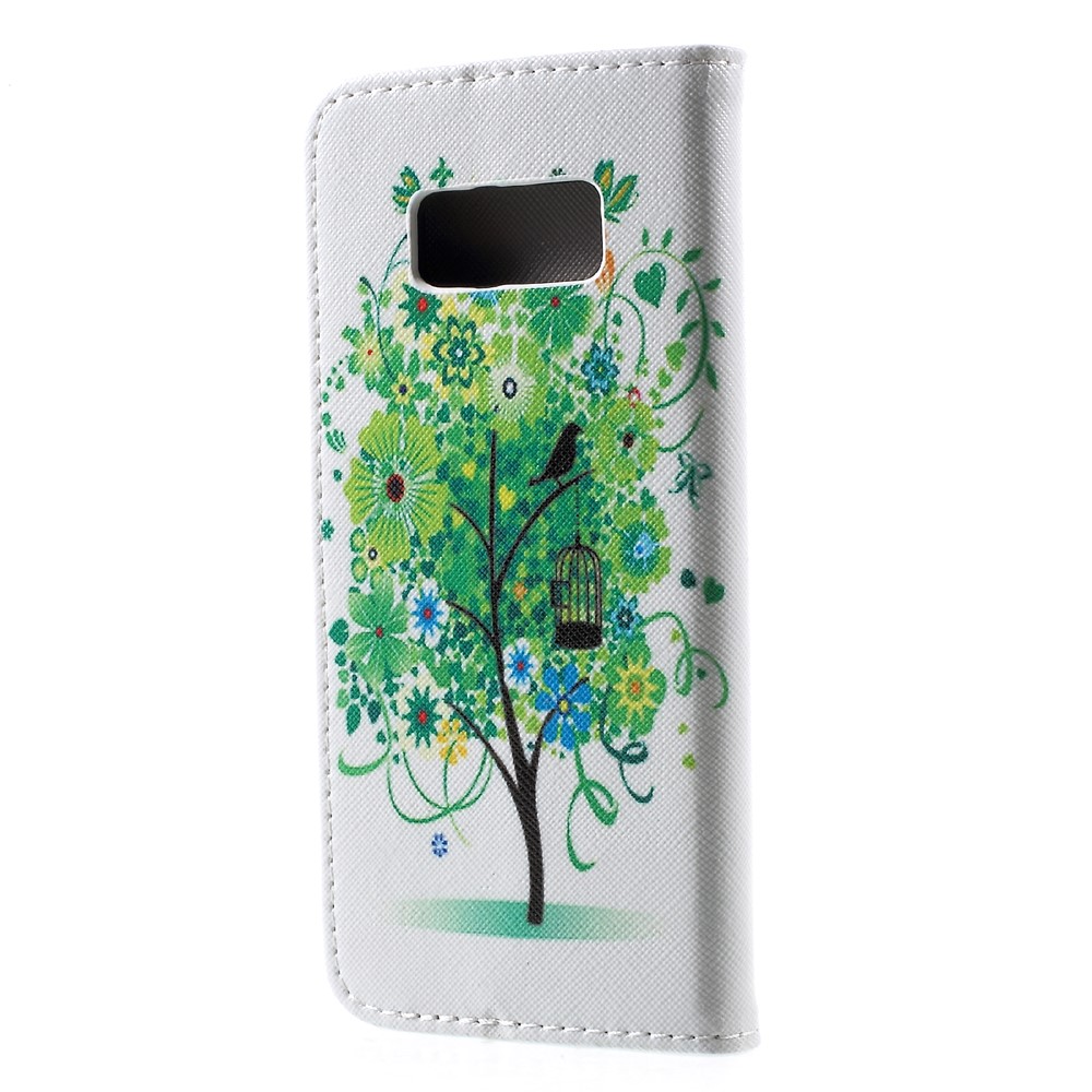 Para Samsung Galaxy S8 Standed Wallet Stand Funda De Cuero - árbol Verde Y Pájaro