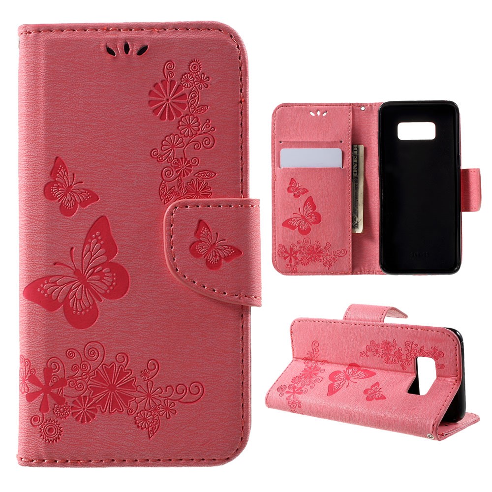 Butterfly Flowers Imprinted PU Leather Wallet Case Stand for Samsung Galaxy S8 - Pink-1