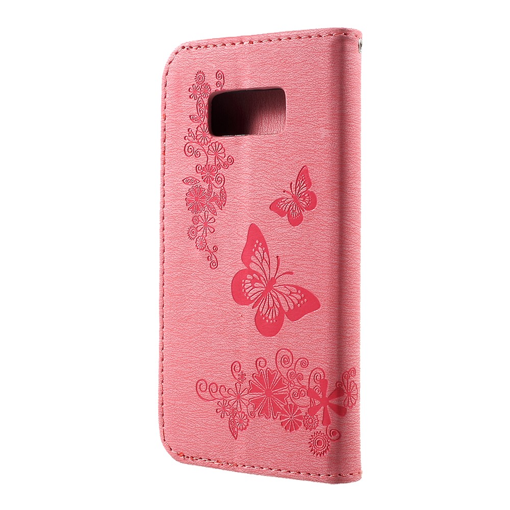 Butterfly Flowers Imprinted PU Leather Wallet Case Stand for Samsung Galaxy S8 - Pink-4
