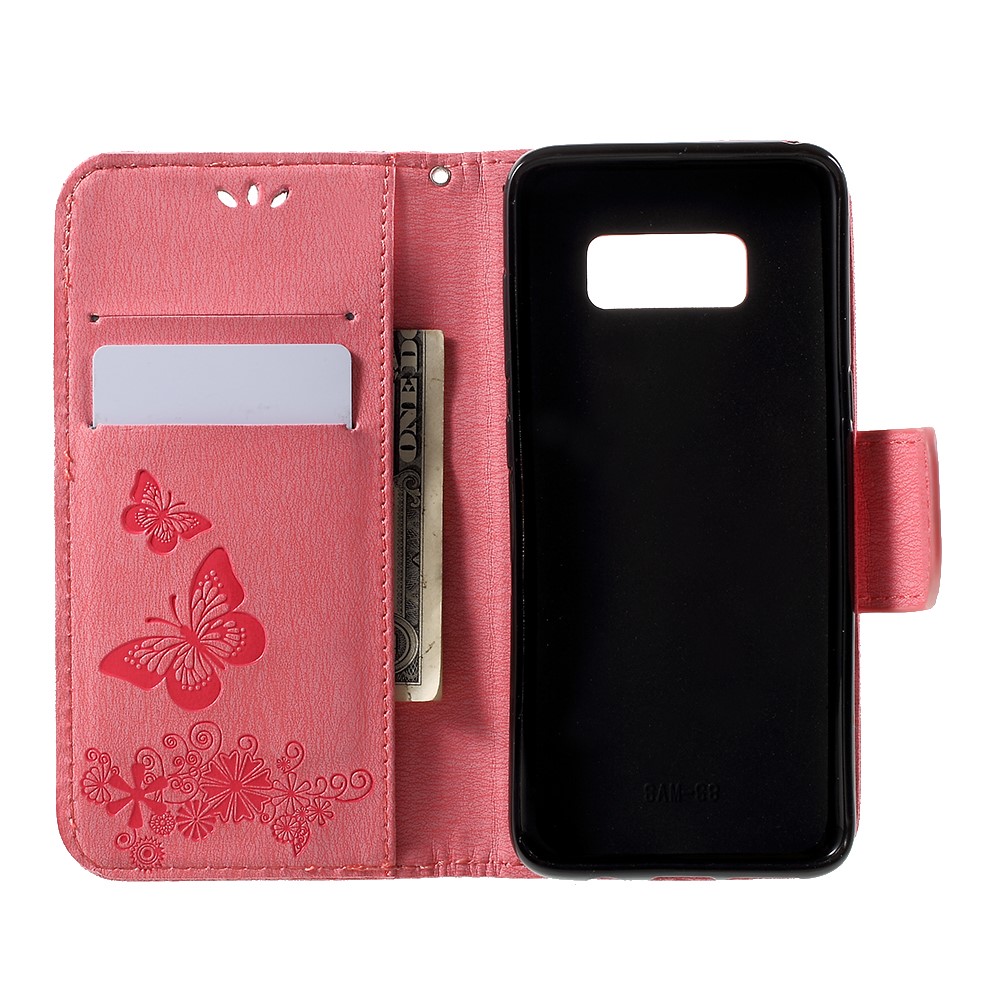 Butterfly Flowers Imprinted PU Leather Wallet Case Stand for Samsung Galaxy S8 - Pink-6