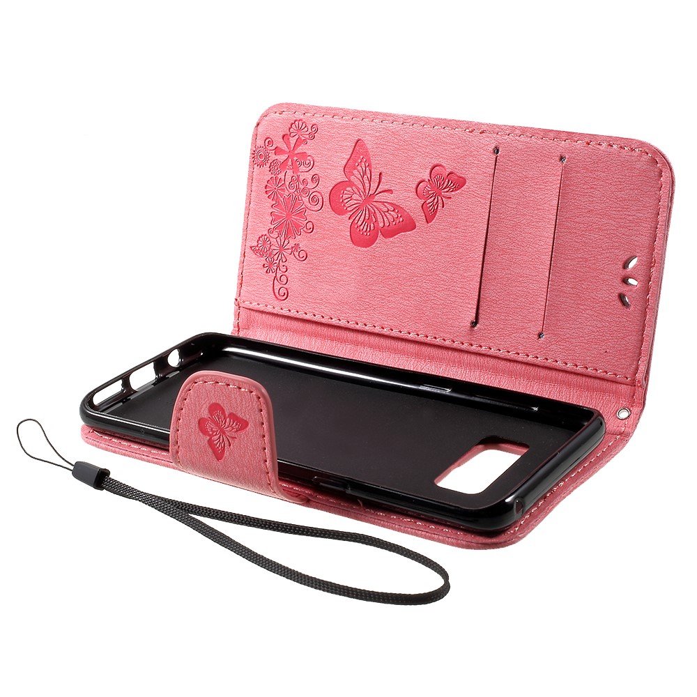 Butterfly Flowers Imprinted PU Leather Wallet Case Stand for Samsung Galaxy S8 - Pink-7