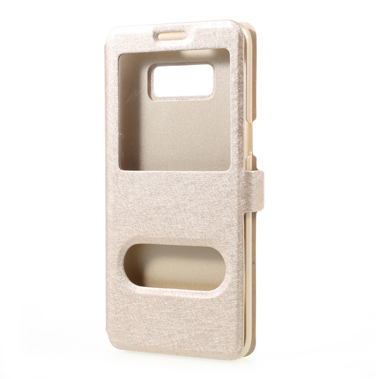 For Samsung Galaxy S8 Dual Window Silk Texture Leather Stand Casing - Gold-2