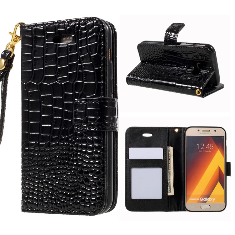 Crocodile Texture Leather Case with Wrist Strap for Samsung Galaxy A3 (2017) - Black-1
