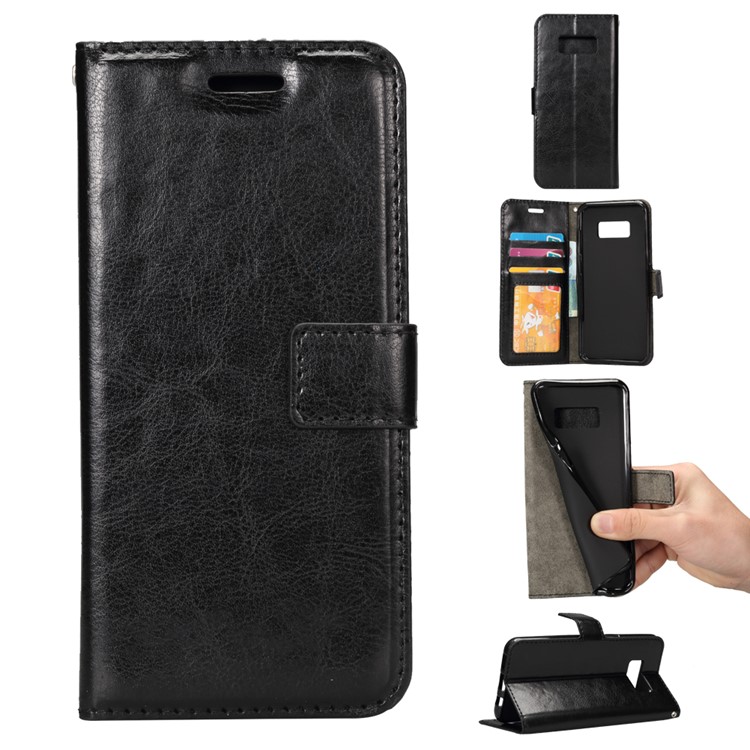 Crazy Horse Leather Wallet Phone Case for Samsung Galaxy S8 Plus - Black-1