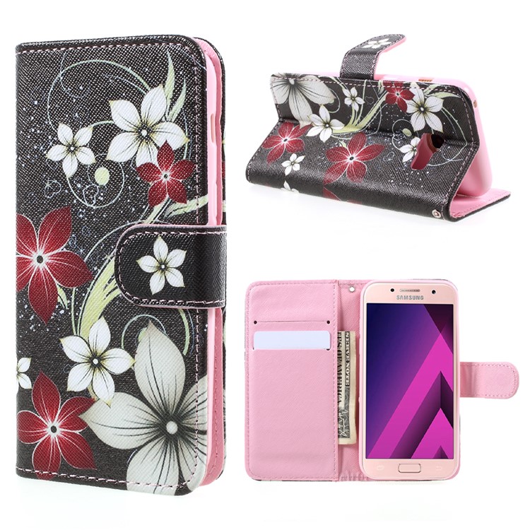 Printing Pattern Wallet Leather Cover Case with Lanyard for Samsung Galaxy A3 (2017) - Flowers Pattern-1