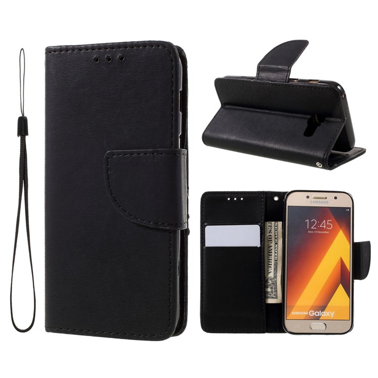 Stone Grain Leather Stand Wallet Phone Case with Strap for Samsung Galaxy A3 (2017) - Black-1
