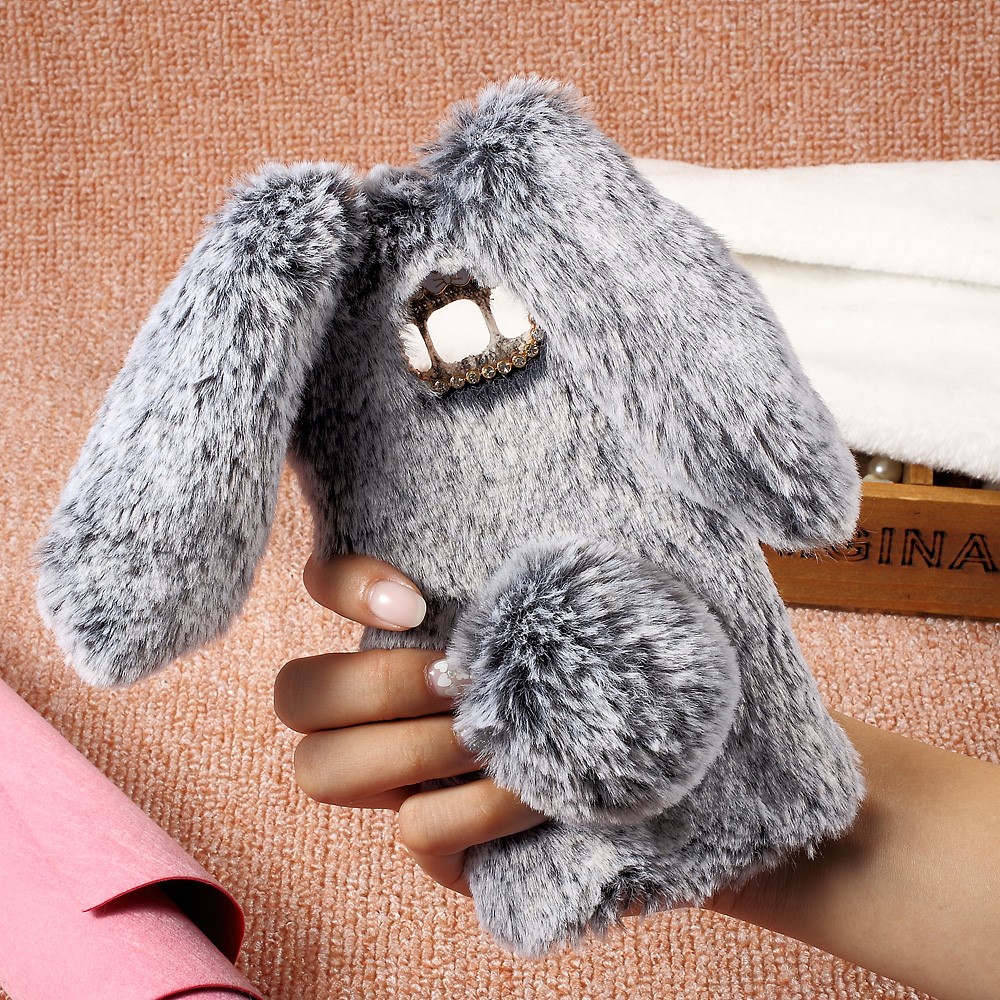 Rabbit Design Soft Fur Phone Cover with Rhinestone Decor for Samsung Galaxy S8 - Grey-1