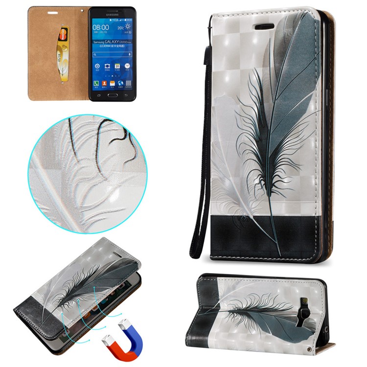 Embossing Auto-absorbed Leather Phone Cover with Card Slot for Samsung Galaxy Grand Prime G530 - Feathers-1