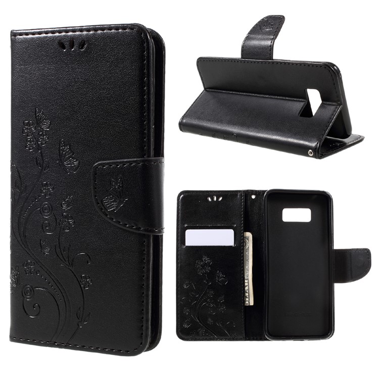 Imprinted Flora Butterflies Wallet Leather Protective Case for Samsung Galaxy S8 Plus - Black-1