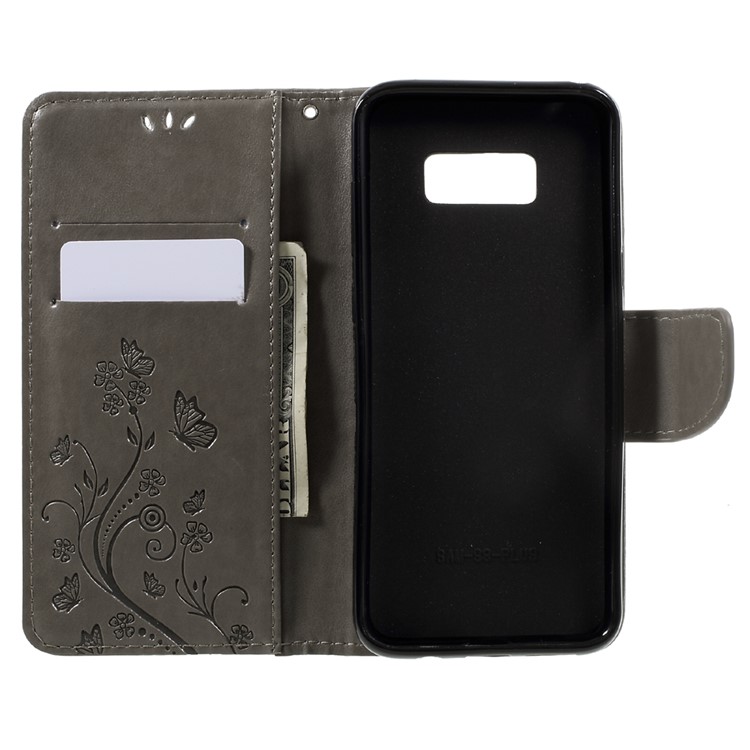 Imprinted Flora Butterflies Wallet Leather Cell Phone Case with Stand for Samsung Galaxy S8 Plus - Grey-6