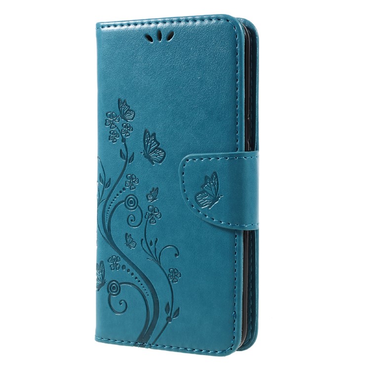 Imprinted Flora Butterflies Leather Stand Phone Case with Strap for Samsung Galaxy S8 Plus - Blue-2