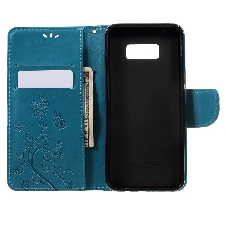 Imprinted Flora Butterflies Leather Stand Phone Case with Strap for Samsung Galaxy S8 Plus - Blue-6