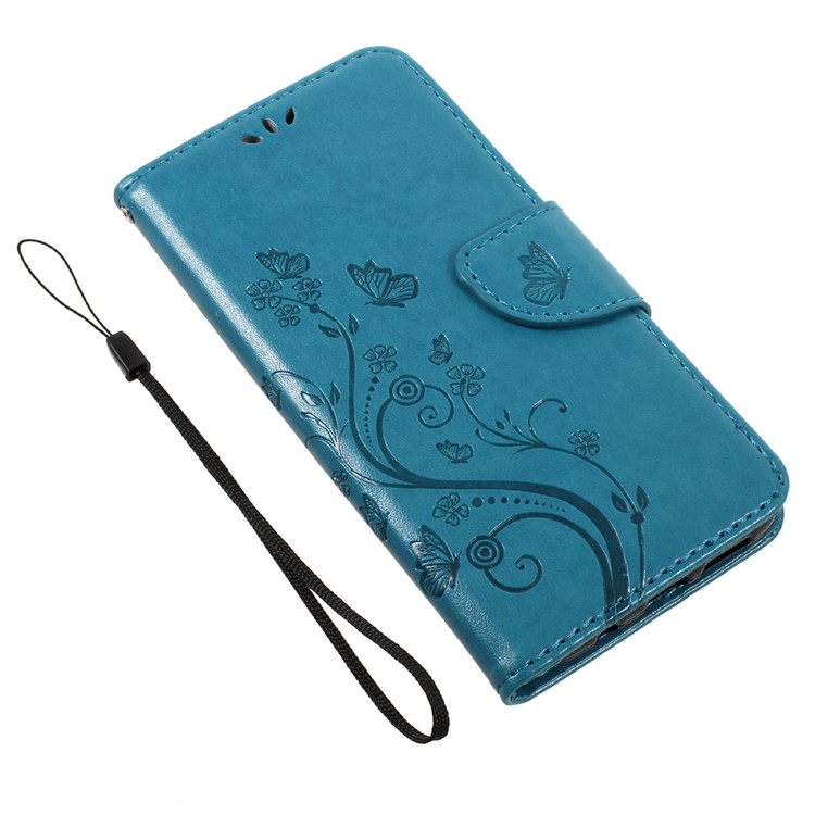 Imprinted Flora Butterflies Leather Stand Phone Case with Strap for Samsung Galaxy S8 Plus - Blue-7