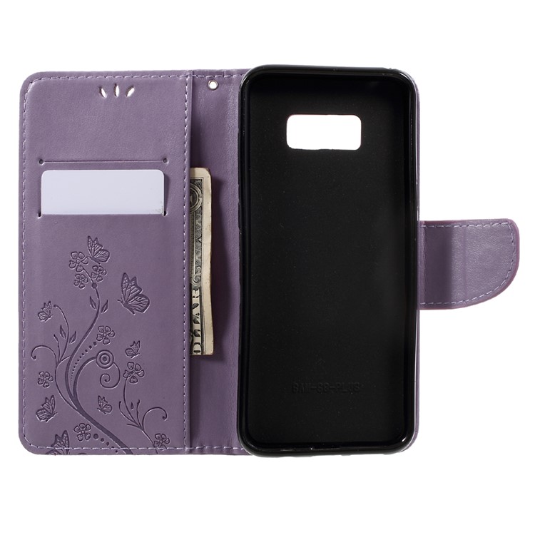 Imprinted Flora Butterflies Stand Leather Protective Case with Card Slots for Samsung Galaxy S8 Plus - Light Purple-6
