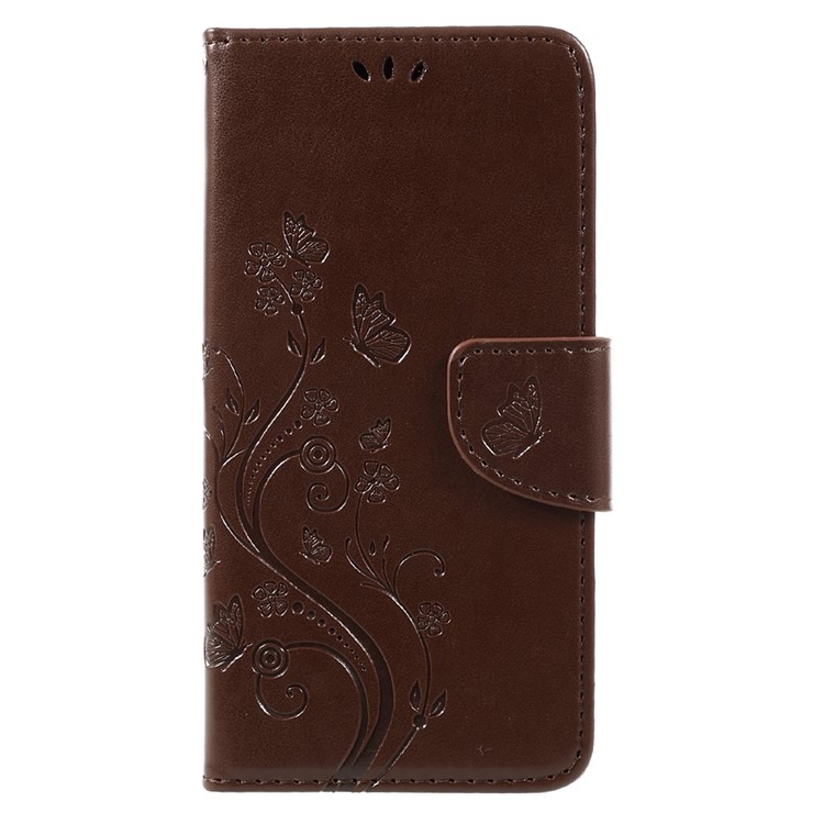 Imprinted Flora Butterflies Flip Wallet Leather Cover with Stand for Samsung Galaxy S8 Plus - Brown-1
