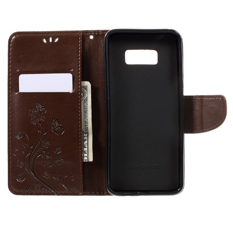 Imprinted Flora Butterflies Flip Wallet Leather Cover with Stand for Samsung Galaxy S8 Plus - Brown-6