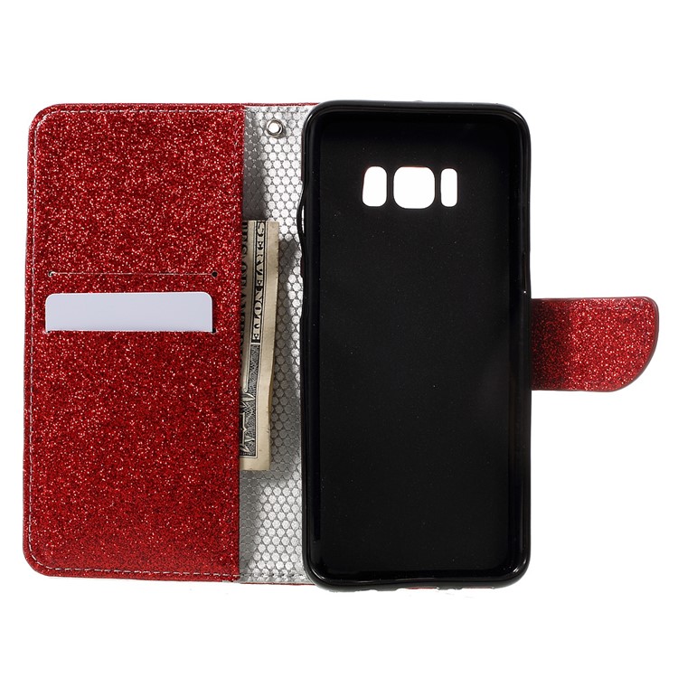 For Samsung Galaxy S8 Glittery Smooth Leather Magnetic Wallet Case - Red-6