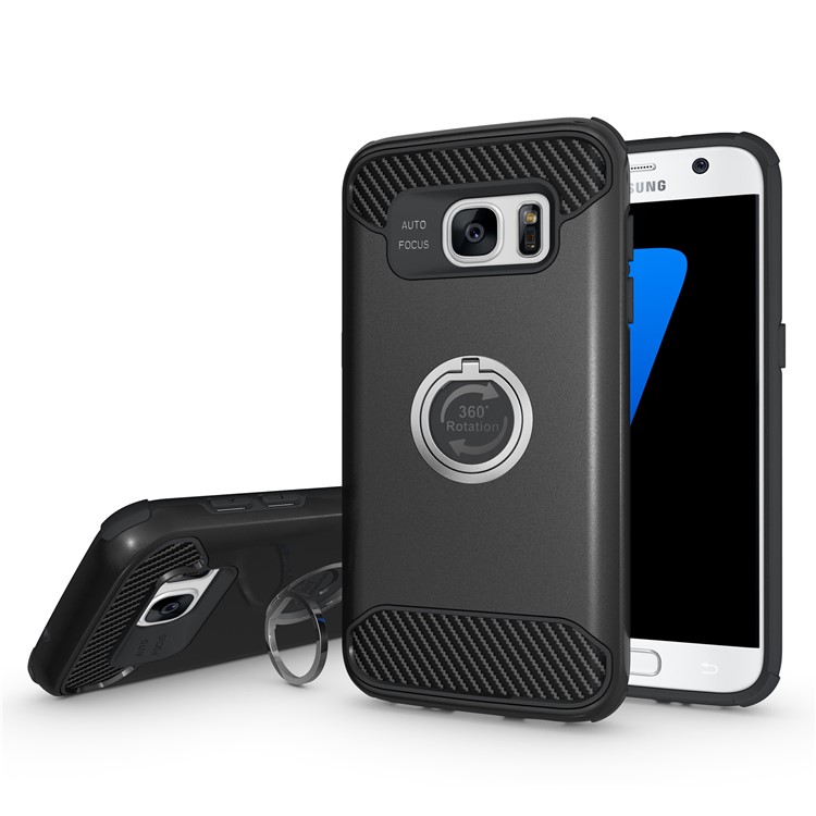 Metal Ring Holder Kickstand PC + TPU Hybrid Phone Case for Samsung Galaxy S7 Edge - Black-1