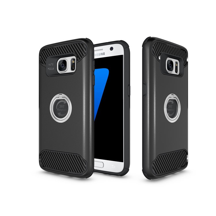 Metal Ring Holder Kickstand PC + TPU Hybrid Phone Case for Samsung Galaxy S7 Edge - Black-8