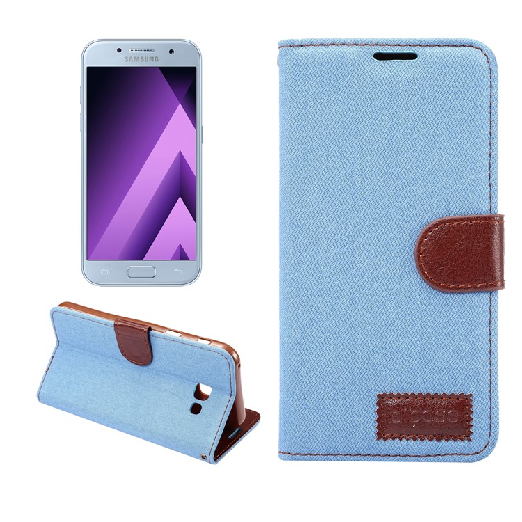 Jeans Cloth PU Leather Card Holder Stand Phone Case for Samsung Galaxy A7 (2017) A720 - Baby Blue-1