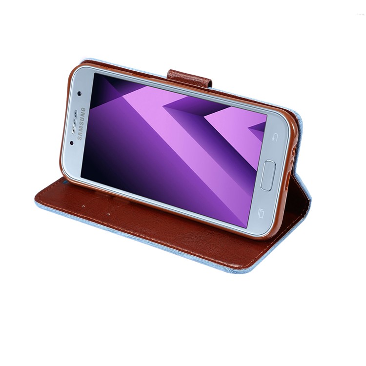 Jeans Cloth PU Leather Card Holder Stand Phone Case for Samsung Galaxy A7 (2017) A720 - Baby Blue-5
