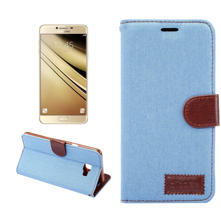 Jeans Cloth Stand Card Slots Leather Phone Case for Samsung Galaxy C7 Pro - Baby Blue-1