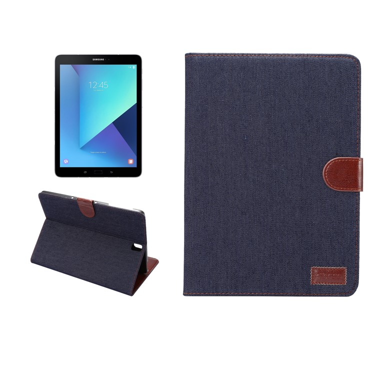 Jeans Cloth Stand Leather Card Holder Tab Cover for Samsung Galaxy Tab S3 9.7" T820 - Black Blue-1