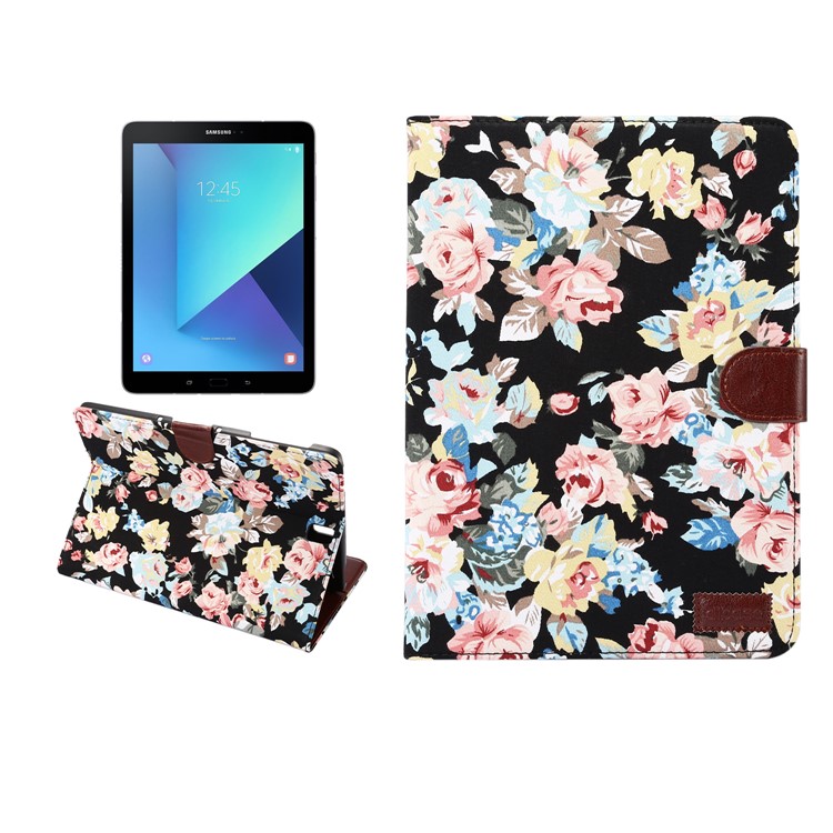 Blooming Flower Cloth Leather Smart Wallet Case for Samsung Galaxy Tab S3 9.7-inch T820 - Black-1