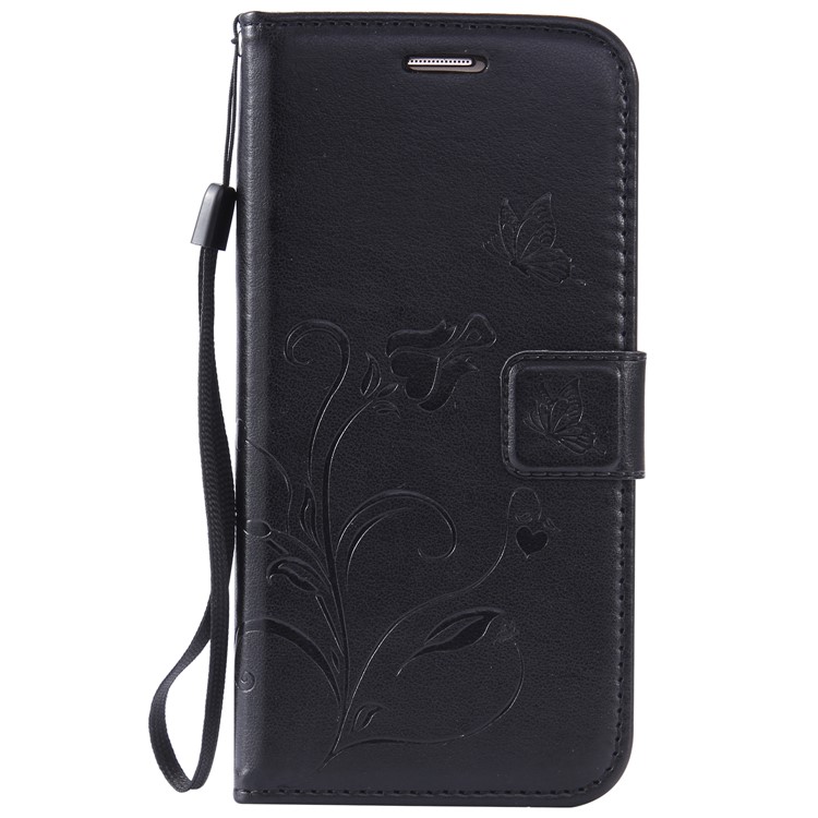 Flower Butterfly Imprinted Leather Mobile Cover with Lanyard for Samsung Galaxy S7 G930 - Black-1