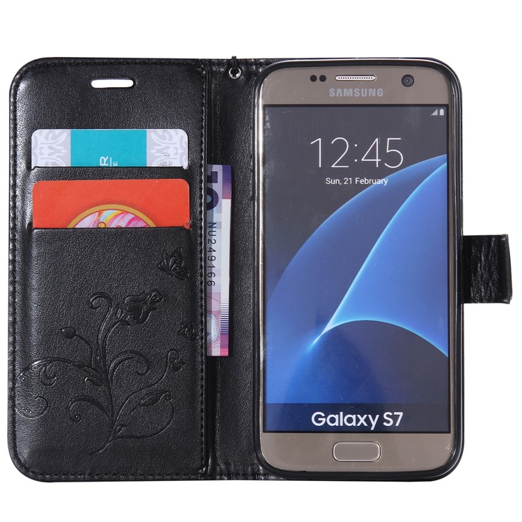 Flower Butterfly Imprinted Leather Mobile Cover with Lanyard for Samsung Galaxy S7 G930 - Black-3