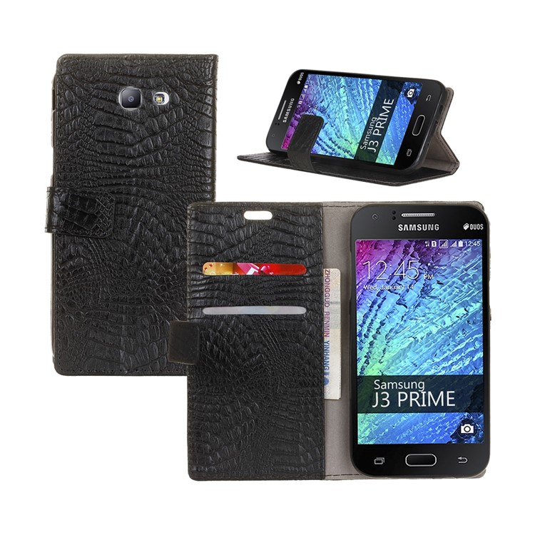 For Samsung Galaxy J5 (2017) Crocodile Texture Flip Stand Wallet Leather Mobile Cover - Black-1