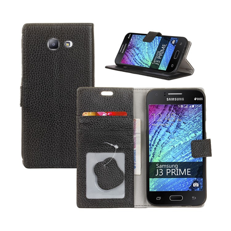For Samsung Galaxy J7 (2017) Litchi Texture Genuine Leather Stand Wallet Cover - Black-1