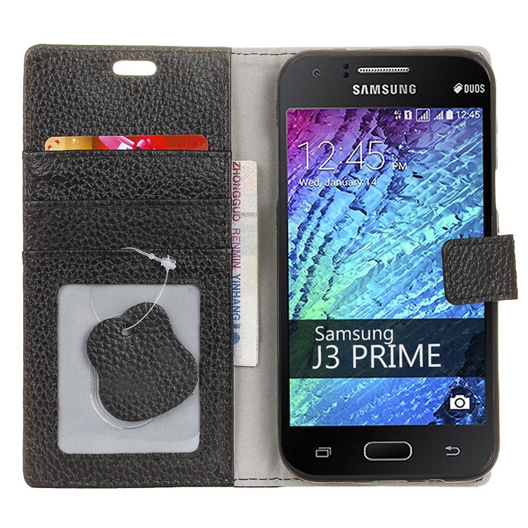 For Samsung Galaxy J7 (2017) Litchi Texture Genuine Leather Stand Wallet Cover - Black-3