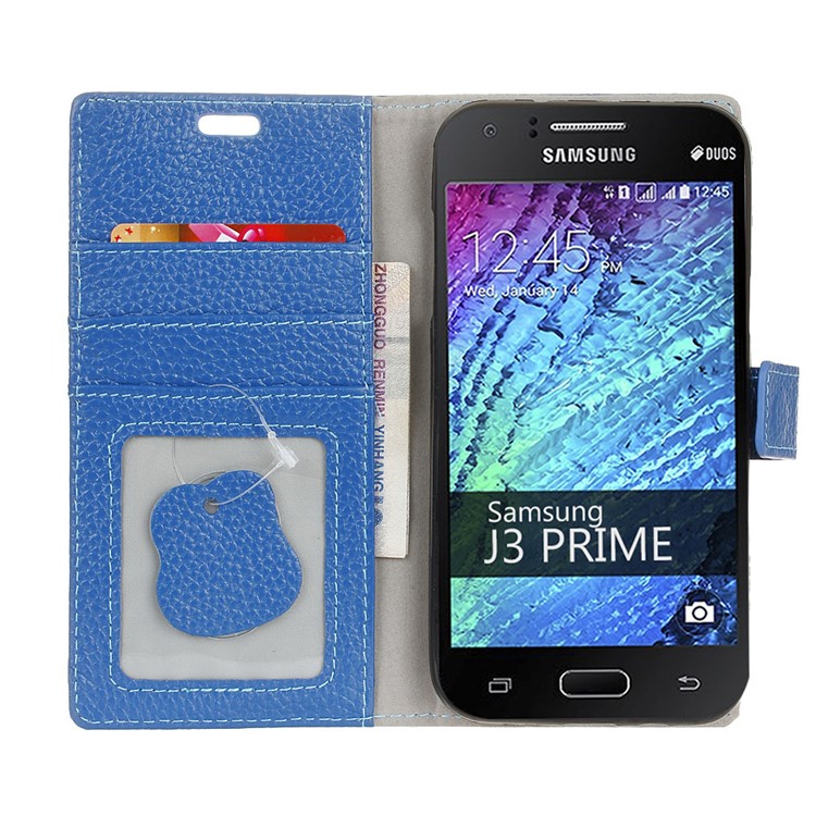 Litchi Texture Wallet Genuine Leather Cell Phone Case for Samsung Galaxy J7 (2017) - Blue-4