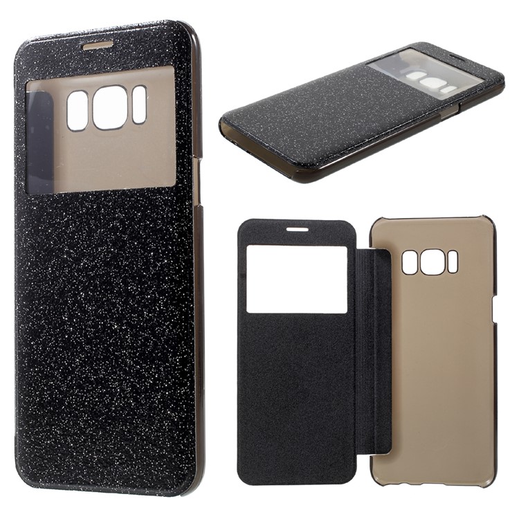 View Window Flash Powder PU Leather Cell Phone Case for Samsung Galaxy S8 G950 - Black-1