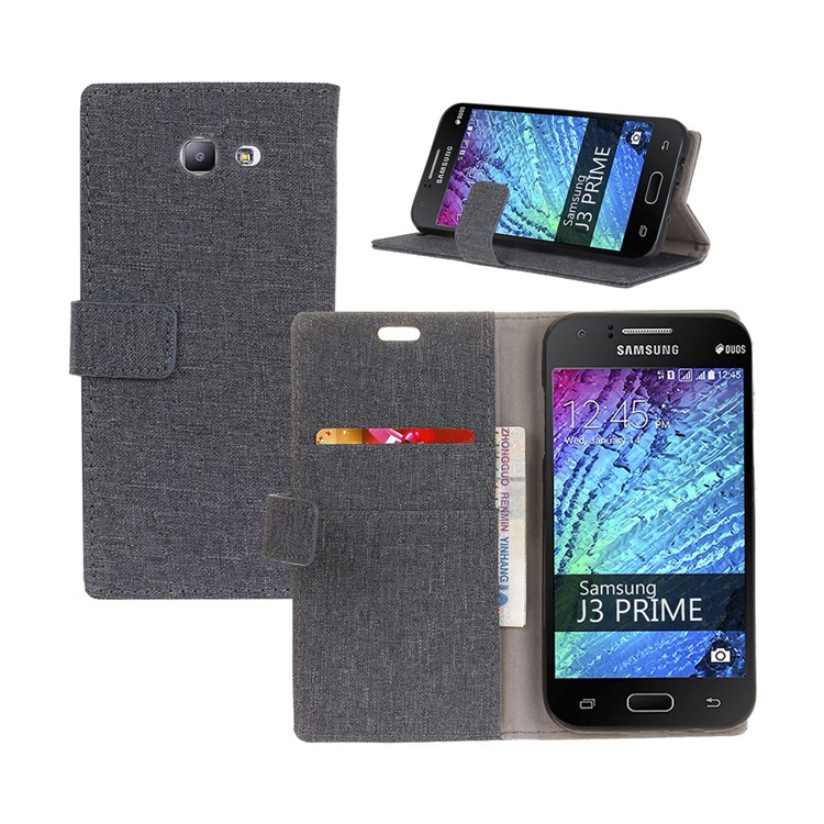 Linen Cloth Leather Wallet Stand Cell Phone Case for Samsung Galaxy J7 (2017) - Black-1
