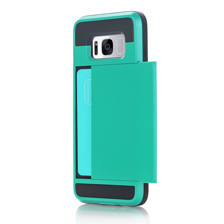 Sliding Card Holder Plastic TPU Case 2-Layer Guard for Samsung S8 Plus - Cyan-1