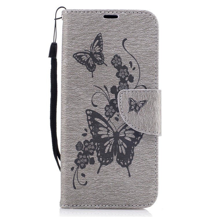 Butterfly Flower Imprinted Leather Cover with Lanyard for Samsung Galaxy S8 G950 - Grey-2