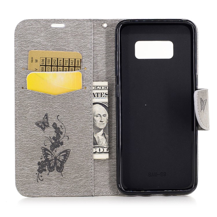 Butterfly Flower Imprinted Leather Cover with Lanyard for Samsung Galaxy S8 G950 - Grey-8