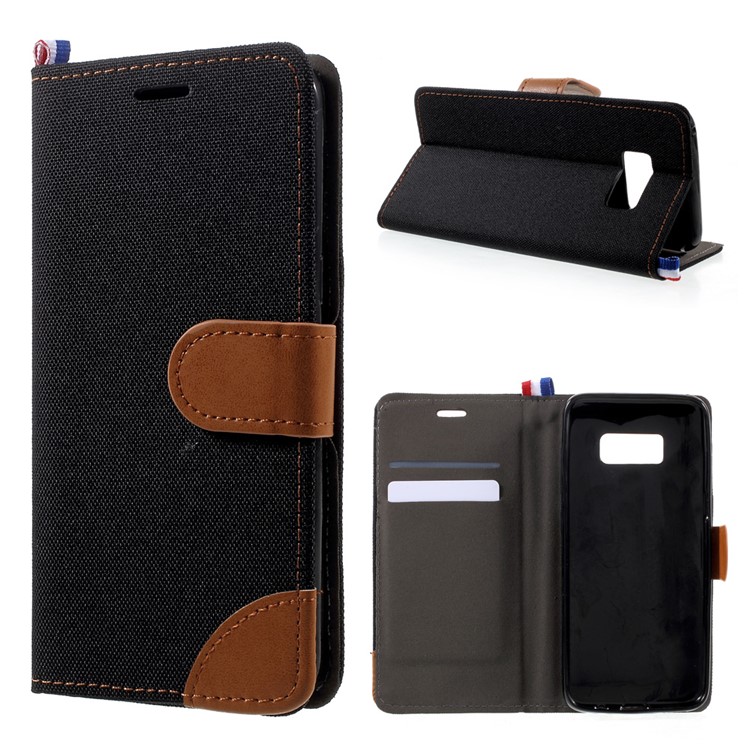 England Style Jean Cloth Leather Card Holder Smartphone Case for Samsung Galaxy S8 Plus G955 - Black-1