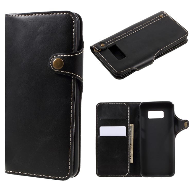 Button Closure PU Leather Wallet Folio Case with Lanyard for Samsung Galaxy S8 G950 - Black-1