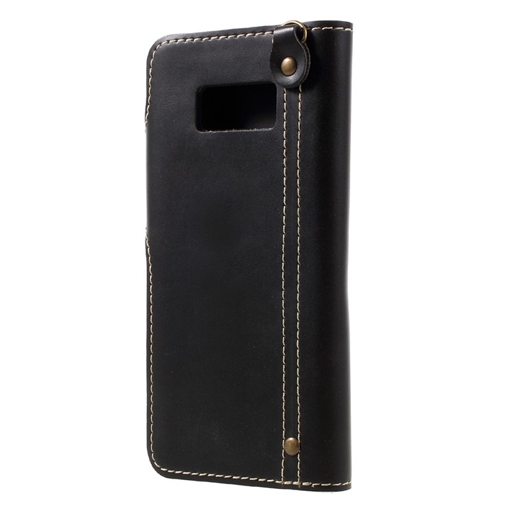 Button Closure PU Leather Wallet Folio Case with Lanyard for Samsung Galaxy S8 G950 - Black-2