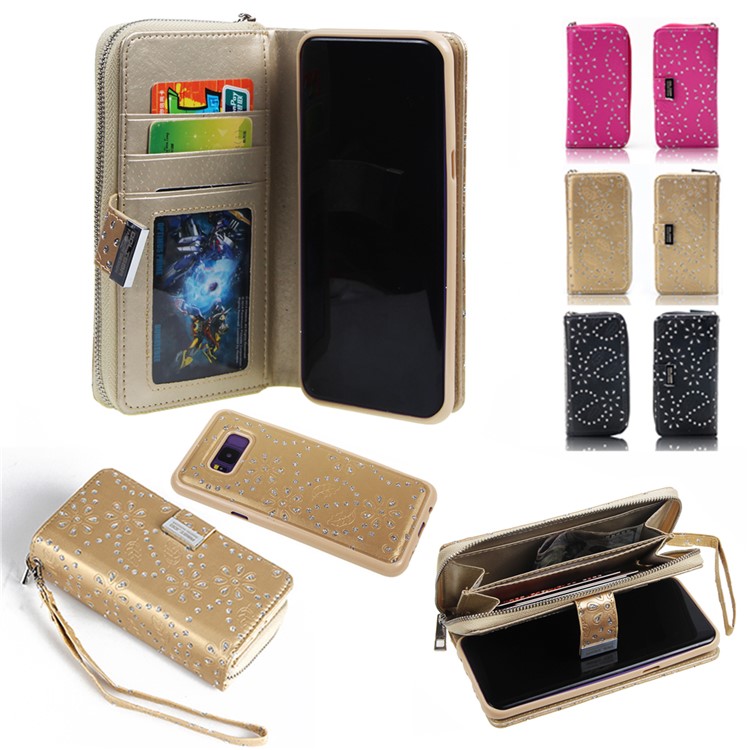 For Samsung Galaxy S8 + G955 Flower Leaf Glitter Powder Leather Wallet Handbag + Inner Back Case - Black-2