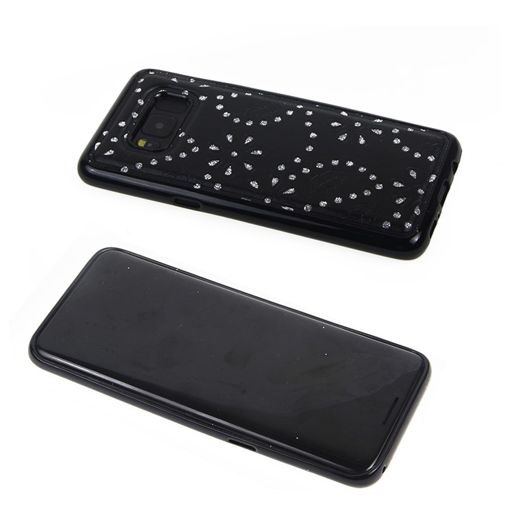 Glittery Flower Leaf Leather Wallet + Detachable TPU Back Case for Samsung Galaxy S8 G950 - Blak-2